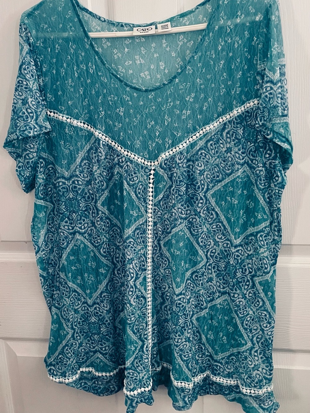 Cato Teal Patterned Lace-Trim Tunic Top
